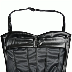 Detail shot of black faux leather halter top featuring a glossy finish and metal zipper