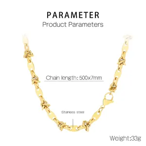Detail of golden stainless steel chain necklace with knot links and lobster clasp dimensions