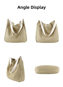 Multi-angle details of khaki canvas tote bag with wide white strap and metal buckle