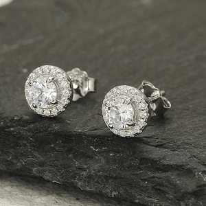 Elegant S925 sterling silver halo stud earrings with brilliant round cut cubic zirconia