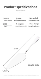 Macro detail of 410 stainless steel cake spatula with 23cm length and 45.5g weight