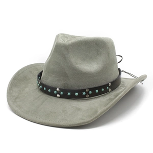Western Cowboy Hat Suede Polyester Wide Brim Ethnic Turquoise Bead Leather Band Retro Fedora For Men Women