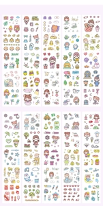 Detailed view of cute cartoon stickers with bears, rabbits, and flowers for journaling