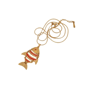 Vintage golden koi fish pendant necklace with red stripes on fine snake chain