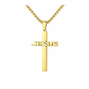 Men's gold stainless steel cross necklace featuring a JESUS pendant on a box chain