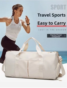 Detail view of beige yoga bag with independent shoe compartment and large capacity