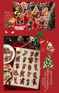 Macro detail of Christmas party stickers featuring Santa, reindeer and gold foil accents