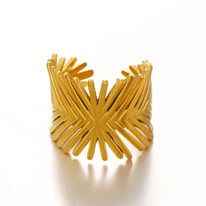 Minimalist 18K gold plated geometric X-shape open ring with radiating metal lines