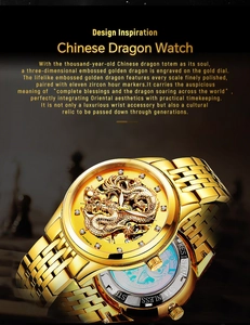 Détail de montre automatique dragon doré avec cadran relief 3D et index en zircon
