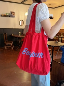 Drawstring Tote Bag Polyester Letter Print Large Capacity Casual Shoulder Bag Women School Daily Korean Style