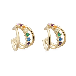 Double-layered gold ear cuffs featuring vibrant rainbow-colored zircon stones