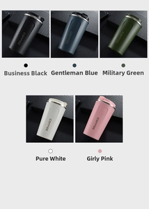 Detail showing five colors of vacuum insulated stainless steel coffee mugs with flip lids