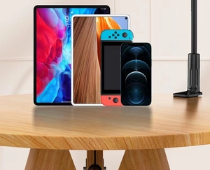 Adjustable metal stand with heavy base compatible with iPad, iPhone, and Switch consoles