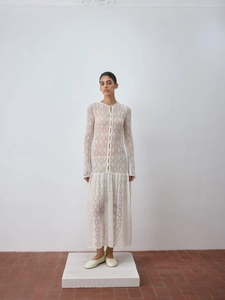 Robe Maxi En Tricot Crocheté À Manches Longues Pour Femmes Avec Maille Transparente Couleur Unie Sexy Vacances