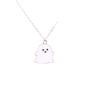Minimalist white ghost pendant necklace with silver chain on clean white background