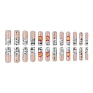 Faux ongles Coffin avec motif zèbre, fleurs 3D et strass dorés, kit de 24 pièces
