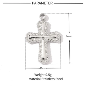 Detail of stainless steel cross pendant with beaded edges showing dimensions 14x10mm