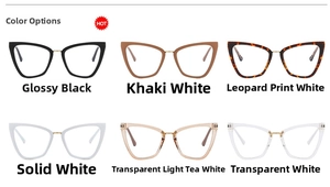 Cat eye blue light blocking glasses shown in six fashion colors with metal bridge