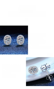 Macro shot of oval moissanite earrings with halo design and polished silver finish