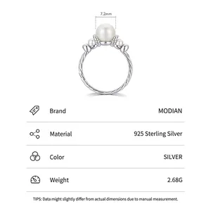 Elegant S925 sterling silver pearl ring with twisted rope band and 7.2mm pearl