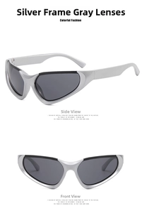 Detailed front and side views of silver Y2K cat-eye sunglasses with grey lenses