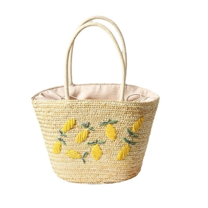 Large straw tote bag with yellow lemon embroidery for beach vacations and summer trips