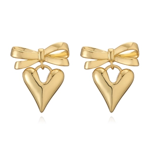 Elegant 18K gold plated bowknot heart stud earrings for women in a vintage French style