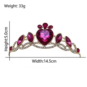 Golden princess crown headband with pink heart crystal and dimensions 14.5x5cm
