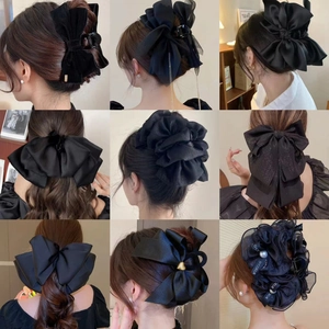 Black Bow Hair Claw Clip Satin Velvet Lace Elegant French Retro Oversized Shark Clip Accessories For Women