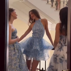 Floral Halter Mini Dress Organza Layered Tiered Backless Large Bow Tie Elegant Sweet Summer Party Dress For Women