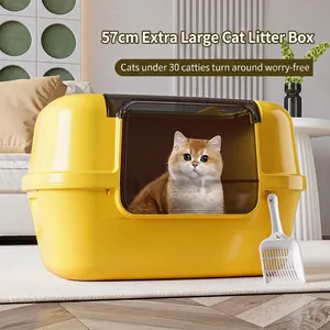 Extra large yellow open-top cat litter box 57cm with high splash guard and scoop