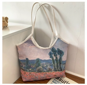 Detail of artistic oil painting print on large canvas tote bag with white shoulder straps