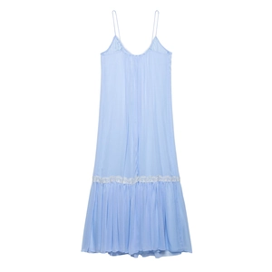 Light blue spaghetti strap long dress with white lace details on white background