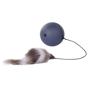 Electric smart interactive cat ball toy with grey faux fur tail and blue rolling sphere