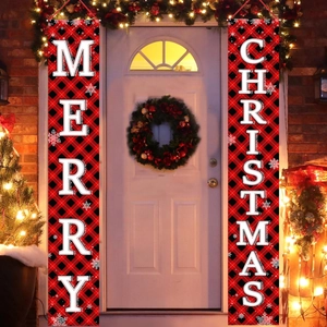 Christmas porch banners with red black plaid and Merry Christmas text for front door