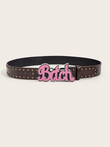 Detailed close-up of dark brown studded leather belt with pink rhinestone Bitch buckle