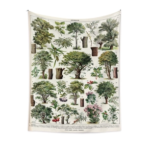 Macro detail of vintage botanical tree tapestry showing fabric texture and French Arbres text
