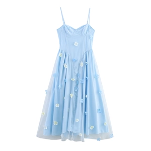 3D Flower Mesh Camisole Dress Light Blue Sleeveless A-Line Fairy Vacation Summer French Style Long Gown For Women