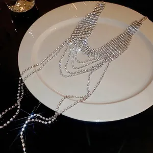 Luxury multilayer rhinestone fringe shoulder necklace in silver with sparkling crystals