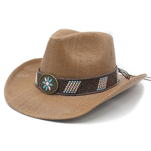Western Cowboy Hat Paper Straw Wide Brim Ethnic Bohemian Sun Protection With Floral Metal Buckle And Colorful Beads