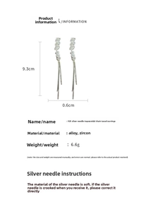 Detailed view of silver tassel earrings showing 9.3cm length and 925 silver needles