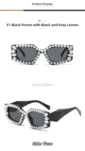 Détail des lunettes de soleil noires avec ornements en perles et cristaux arc-en-ciel