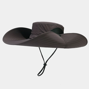 Detail of outdoor sun hat featuring breathable black mesh panels and reinforced wide brim