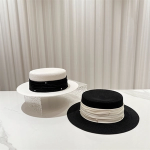 French style flat top straw boater hats with ribbon and pearls for beach sun protection