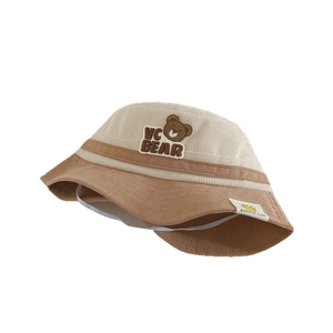 Kids corduroy bucket hat with bear embroidery and contrast color design for boys and girls