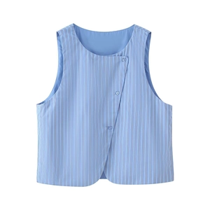 Close-up of light blue striped vest top with diagonal button closure and curved hem