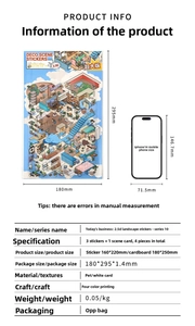 Detailed size guide of 2.5D scenery stickers with PET material and phone comparison