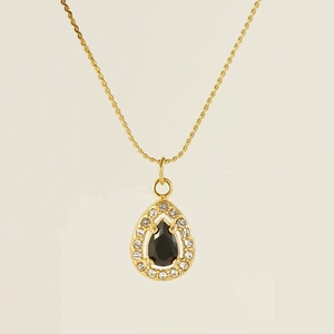 Detail of 18K gold stainless steel necklace with pear-shaped black stone and zircons