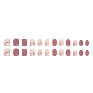 Pink and white floral press-on nails set with 24 pieces in short square round shape