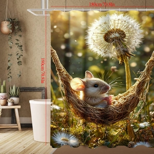 Detailansicht Duschvorhang mit Maus und Pusteblume Motiv, Größe 180x180 cm für Bad